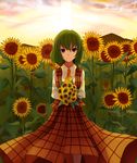  bouquet cowboy_shot flower garden_of_the_sun green_hair hasu_(lausdys) highres holding holding_flower kazami_yuuka long_sleeves looking_at_viewer mountain outdoors plaid plaid_skirt plaid_vest red_eyes short_hair skirt solo sunflower touhou twilight vest 