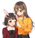  2girls ;d animal_ears bang_dream! bangs black_hair black_neckwear blunt_bangs blush bunny_ears choker commentary green_eyes hanazono_tae heart long_hair looking_at_another maneul_(gr_722) multiple_girls neck_ribbon one_eye_closed open_mouth orange_choker orange_shirt petting red_eyes red_shirt ribbon shirt short_hair simple_background smile sweatshirt symbol_commentary upper_body ushigome_rimi white_background yellow_choker yellow_shirt 