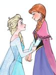  anna_(frozen) elsa_(frozen) eye_contact frozen_(disney) highres holding_arms looking_at_another multiple_girls nyamo siblings sisters 