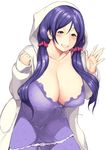  blush breasts cleavage covered_nipples dress green_eyes grin hair_over_shoulder hakai_shin highres hood hoodie huge_breasts long_hair love_live! love_live!_school_idol_project nightgown parted_lips plump purple_hair smile solo toujou_nozomi twintails waving 