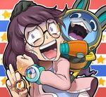  animal_ears at_gunpoint black_hair bunny_ears cardigan constricted_pupils crying crying_with_eyes_open gashi-gashi glasses gun_to_head helmet horror_(theme) long_hair misora_inaho open_cardigan open_clothes open_mouth purple_eyes round_eyewear spacesuit tears usapyon watch wristwatch youkai youkai_medal youkai_watch youkai_watch_(object) youkai_watch_3 youkai_watch_u_prototype 