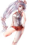  adapted_costume alternate_hairstyle bad_id bad_pixiv_id bare_arms bare_shoulders bow fujiwara_no_mokou hair_bow highres long_hair low-tied_long_hair ponytail red_eyes shiromoru_(yozakura_rety) shirt short_shorts shorts silver_hair sleeveless sleeveless_shirt smile solo suspenders touhou very_long_hair 