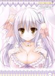  absurdres animal_ears bow bra breast_suppress breasts brown_eyes bunny_ears choker cleavage flower frilled_bra frills hair_bow highres inugami_kira large_breasts long_hair looking_at_viewer pink_bow pom_pom_(clothes) purple_flower purple_rose rose smile solo striped striped_bra underwear upper_body vertical-striped_bra vertical_stripes white_hair yellow_eyes 