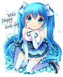  bare_shoulders blue_hair blush bow character_name elbow_gloves flower frilled_skirt frills gloves hair_bow happy_birthday hatsune_miku highres ikari_(aor3507) long_hair looking_at_viewer sitting skirt smile solo thighhighs twintails vocaloid wariza 