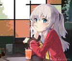  blue_eyes blush charlotte_(anime) commentary_request cup drink drinking_straw long_hair looking_at_viewer max_melon mouth_hold school_uniform serafuku silver_hair sitting solo tomori_nao two_side_up 