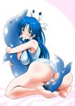  1girl areola_slip areolae ass barefoot blue_hair blush breast_press breast_slip breasts breath dolphin feet green_eyes highres hug huge_ass huge_breasts long_hair looking_at_viewer looking_back nipples oobashin pussy pussy_juice see-through simple_background swimsuit tears 