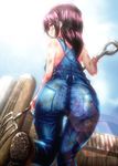  ass back bad_id bad_pixiv_id bare_shoulders black_hair brown_eyes brown_hair dirty_clothes dirty_face from_behind light_particles light_rays long_hair looking_at_viewer looking_back naked_overalls original overalls pitchfork shimizu_pem solo 