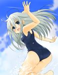  ahoge armpits ass barefoot blue_eyes blush from_behind long_hair looking_back one-piece_swimsuit open_mouth original outstretched_arms running school_swimsuit silver_hair smile solo splashing swimsuit toichi water waving 