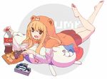  1girl animal_hood anry_(rmrnmrm) artist_request ass barefoot blush_stickers casual controller doma_umaru female hamster_costume himouto!_umaru-chan hood horts light_brown_hair long_hair looking_at_viewer lying necolumbus nekoronbusu on_stomach simple_background solo stuffed_animal stuffed_toy 