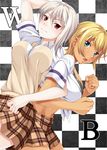  blonde_hair blue_eyes blush breasts dark_skin large_breasts locked_arms looking_at_viewer midriff mito_ikumi mukunokino_isshiki multiple_girls nakiri_alice open_mouth plaid plaid_skirt red_eyes school_uniform shokugeki_no_souma short_hair silver_hair skirt smile tootsuki_saryou_ryouri_gakuen_uniform vest 