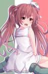  :d alternate_skin_color bare_arms brown_eyes brown_hair dress fang flag_background hair_ribbon highres italian_flag kantai_collection libeccio_(kantai_collection) long_hair open_mouth ribbon sailor_dress smile solo sumioo_(sumikko_no_ousama) twintails 