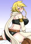  akame_ga_kill! ass bare_shoulders black_panties blonde_hair blush breasts curvy female gradient gradient_background huge_ass huge_breasts leone looking_at_viewer looking_back midriff panties sitting smile solo sweat syonnaka tongue tongue_out tubetop underwear wide_hips yellow_eyes 