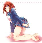  bare_legs barefoot blazer covering covering_ass feet full_body jacket kneeling looking_at_viewer love_live! love_live!_school_idol_festival love_live!_school_idol_project nishikino_maki otonokizaka_school_uniform purple_eyes red_hair school_uniform short_hair skirt solo yuzucky 