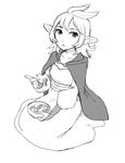  bowl cape dungeon_meshi elf food fork greyscale monochrome naotan pointy_ears short_hair solo 