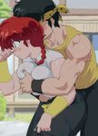  1girl bandaid bandaid_on_nose bandana blush bracer braid breast_grab breasts genderswap genderswap_(mtf) grabbing hetero hibiki_ryouga mage_(harumagedon) outdoors ranma-chan ranma_1/2 red_hair saotome_ranma single_braid sweat 