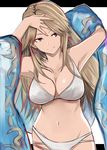  arm_behind_head bikini breasts cleavage collarbone diamond_(shape) earrings granblue_fantasy groin hand_on_own_forehead hand_on_own_head jewelry katalina_aryze large_breasts light_brown_hair long_hair looking_away looking_to_the_side navel nerotarou@seven outline pink_eyes smile solo swimsuit white_bikini 