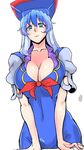  big_hat blue_dress blue_eyes blue_hair breast_squeeze breasts cleavage collarbone danna_(karatekikku) dress gradient_hair hand_on_table hat impossible_clothes impossible_dress kamishirasawa_keine large_breasts lips looking_at_viewer looking_down multicolored_hair navel puffy_short_sleeves puffy_sleeves short_sleeves simple_background solo touhou white_background 