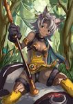  animal_ears aqua_eyes armlet black_panties breasts cat_ears cat_paws cleavage dark_skin erune feathers flower forest granblue_fantasy grey_hair melleau moutama nature open_mouth panties paws pelvic_curtain riding short_hair small_breasts smile solo staff tree underwear 