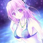  bikini blush breasts cleavage commentary_request derivative_work headphones highres large_breasts long_hair looking_at_viewer midriff nitroplus pink_eyes pink_hair smile solo super_sonico swimsuit wakaba0801 