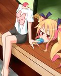  bike_shorts blonde_hair disembodied_head dullahan food hair_ribbon long_hair monster_girl original popsicle red_eyes ribbon shirt sitting solo sweat t-shirt twintails 