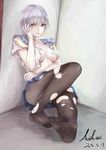  2015 absurdres adai against_wall artist_name black_legwear blue_eyes breasts dated feet full_body gloves hair_ornament hairclip hamakaze_(kantai_collection) hand_in_hair highres indoors kantai_collection looking_at_viewer medium_breasts messy_hair no_bra on_floor pantyhose parted_lips pleated_skirt school_uniform serafuku shirt short_hair short_sleeves signature silver_hair sketch skirt solo torn_clothes torn_legwear torn_shirt white_gloves 