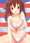  bad_id bad_pixiv_id bikini breasts brown_hair cleavage ebina_nana frilled_bikini frills front-tie_top hand_on_own_chest himouto!_umaru-chan large_breasts long_hair navel open_mouth red_eyes solo striped striped_background swimsuit takeashiro twintails wavy_mouth 