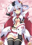  black_legwear cleavage_cutout edea_cluster gloves highres long_hair looking_at_viewer lying matoi_(pso2) milkpanda phantasy_star phantasy_star_online_2 red_eyes silver_hair smile solo thighhighs twintails 