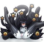  1girl anus astralseven black_skin blush breasts cyclops drooling extra_eyes gazer_(monster_girl_encyclopedia) mamono_girl_lover masturbation monorus monster_girl monster_girl_encyclopedia one-eyed pale_skin pussy simple_background smile spread_legs tentacle two-tone_skin white_skin yellow_sclera 
