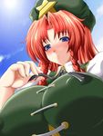  beret blue_eyes blush braid breasts chinese_clothes commentary_request covered_nipples dutch_angle from_below hat hong_meiling huge_breasts long_hair red_hair smile solo star touhou twin_braids wontam 