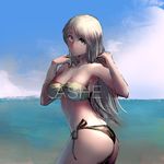  ashe_(league_of_legends) bandeau bikini blue_eyes breasts character_name cleavage cowboy_shot highres large_breasts league_of_legends long_hair looking_at_viewer navel pandea_work parted_lips solo swimsuit white_hair 