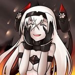  1girl air_defense_hime background black_gloves breasts eyes_closed fire gloves gradient gradient_background hairband horns hyphen kantai_collection long_hair mecha_musume open_mouth shinkaisei-kan smile smoke solo underboob white_hair 