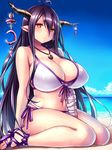  antenna_hair bandaged_arm bandages beach bikini black_hair blue_sky breasts cleavage cloud collarbone danua day draph front-tie_bikini front-tie_top full_body glint granblue_fantasy highres horn_ornament horns huge_breasts jewelry knees_together_feet_apart long_hair looking_at_viewer navel necklace outdoors pointy_ears red_eyes side-tie_bikini sitting sky solo sweat swimsuit thighs tsukumiya_amane wariza 