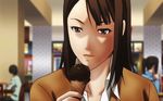  animated animated_gif brown_eyes brown_hair eyes_closed food ice_cream ice_cream_cone kangoku_gakuen licking looking_at_viewer prison_school school_uniform short_hair table ticket uniform yokoyama_anzu 