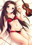  bad_id bad_pixiv_id bed_sheet black_hair blush bra breasts chromatic_aberration cleavage from_above groin hair_intakes head_tilt idolmaster idolmaster_cinderella_girls instrument lace lace-trimmed_bra lace-trimmed_panties lingerie long_hair looking_at_viewer lying navel on_back panties purple_eyes small_breasts smile solo suzumiya_seika umihotaru_harumare underwear underwear_only violin 