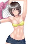  arm_up armpits bangs bare_shoulders bikini_top blush breasts brown_eyes brown_hair collarbone cowboy_shot cutoffs eyebrows_visible_through_hair hair_between_eyes looking_at_viewer medium_breasts muffin_(sirumeria) navel short_hair short_shorts shorts simple_background smile solo sweat white_background 