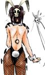  1girl animal_ears ass brown_hair bunny_ears bunnysuit carol_(skullgirls) fishnet_legwear fishnets painwheel_(skullgirls) simple_background skull skullgirls 