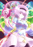  breasts commentary_request dress eyeball eyebrows hairband heart komeiji_satori looking_at_viewer medium_breasts pink_eyes purple_hair short_hair solo stained_glass thick_eyebrows third_eye touhou wontam 