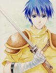  agahari blue_eyes blue_hair fire_emblem fire_emblem:_fuuin_no_tsurugi male_focus ogier solo sword traditional_media weapon 