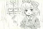  blush bow bowtie hair_bow ivy looking_at_viewer mdnk medicine_melancholy monochrome puffy_short_sleeves puffy_sleeves short_hair short_sleeves smile touhou upper_body window 