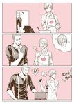  2boys apron buzz_cut chocolate comic cooking facial_hair jake_muller leon_s_kennedy monochrome multiple_boys pot resident_evil resident_evil_6 sherry_birkin short_hair stubble yopi 