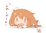 artist_name brown_hair chibi commentary fang hair_ornament hairclip hanomido ikazuchi_(kantai_collection) kantai_collection lying on_stomach open_mouth outstretched_arms school_uniform serafuku short_hair thighhighs translated |_| 