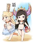  2girls :d arulumaya ball beach beachball bikini black_bikini black_hair blonde_hair blue_eyes blush charlotta_fenia chibi crown dated flat_chest granblue_fantasy harvin hat holding holding_ball innertube jingai_modoki long_hair mole mole_under_eye multiple_girls open_mouth pointy_ears purple_eyes running smile swimsuit vee_(granblue_fantasy) white_bikini 