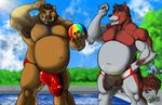  armpit_hair armpits ball belly boar briefs bulge canine clothing couple duo jo_moz_(character) male mammal muscles outside pig porcine semihyper speedo swimming_pool swimsuit timet tusks underwear wolf wolfthings 