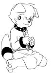  anthro barefoot bound_hands canine clothed clothing collar cub digital_media_(artwork) dog front_view greyscale half-dressed harness looking_away male mammal manmosu_marimo monochrome nervous nipples skirt slave_pup_(marimo) solo topless young 