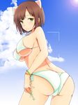  animal_ears ass bikini breasts brown_hair cameltoe cat_ears cloud day green_eyes huge_breasts idolmaster idolmaster_cinderella_girls maekawa_miku ryuu. short_hair sky solo swimsuit trefoil white_bikini 