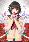  anemone_(flower) apple bangs black_hair black_skirt blush bug butterfly buttons cardigan commentary_request flower food fruit holding holding_food holding_fruit insect kentaurosu long_sleeves looking_at_viewer neckerchief open_mouth original pleated_skirt pocket red_eyes red_neckwear school_uniform serafuku short_hair_with_long_locks sidelocks skirt solo sweater 