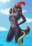  2015 alphabitch anthro breasts canine captain female green_eyes hat kaptainkelly looking_at_viewer mammal nipples pirate red_highlights solo tentacles water wolf 