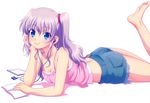  absurdres barefoot blue_eyes book breasts camisole casual charlotte_(anime) cleavage cutoffs digital_media_player earphones feet highres ipod ipod_shuffle leg_up legs long_hair lying medium_breasts na-ga non-web_source nyantype official_art on_stomach short_shorts shorts side_ponytail smile solo strap_slip tomori_nao 