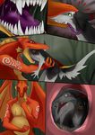  2015 anthro belly black_fur chubby dragon drooling duo fangs fur green_eyes grey_fur grey_markings gustav internal larger_male male male/male markings multicolored_scales open_mouth orange_eyes orange_markings orange_scales penis purple_tongue red_markings red_scales saliva scales sergal sharp_teeth size_difference smaller_male snowshadow_(artist) soft_vore sound_effects teeth text tongue tongue_out tonza two_tone_scales vore white_sclera wide_eyed yellow_markings 