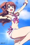  :d absurdres arm_up armpits bangs barefoot bikini blue_eyes blush body_blush bow bracelet breasts brown_hair butterfly_hair_ornament classroom_crisis clenched_hand cloud day frilled_bikini frills from_side front-tie_bikini front-tie_top hair_ornament hairclip happy high_ponytail highres jewelry jumping legs long_hair long_ponytail looking_at_viewer megami navel non-web_source official_art open_mouth outdoors outstretched_arm parted_bangs ponytail scan scrunchie sera_mizuki_(classroom_crisis) side-tie_bikini sky small_breasts smile solo sun swept_bangs swimsuit tomioka_takashi wavy_hair white_bikini 